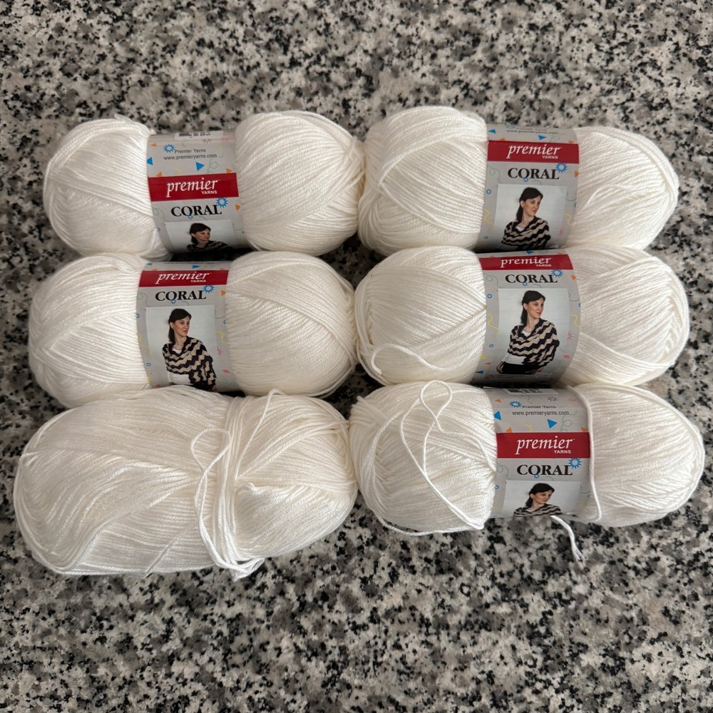 Premier Yarns Coral White Acrylic Yarn Lot of 6 Skeins 15-101 Dye Lot 2880